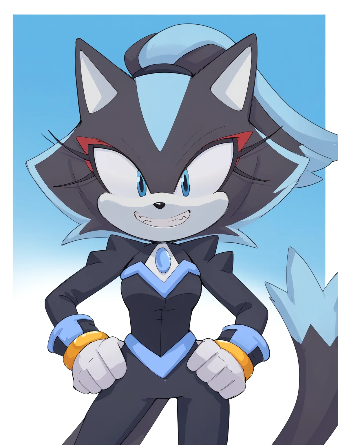 score_9, score_8_up, score_7_up, solo, BREAK, 1girl, upper body,
<lora:Blizzardthecat:1> blaze, blizzard, cat, eyelashes, makeup, tail, blue eyes, black pupils, black fur, light blue fur, white gloves, black bodysuit, eyeshadow, standing, hands on hips, smiling, <lora:CuteMixPDv4:1>