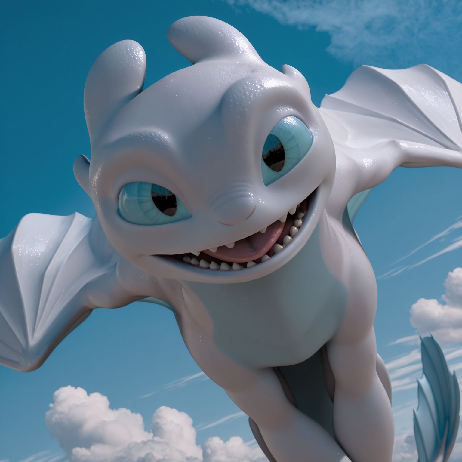 8k, uncensored, masterpiece, best quality, highly detailed, realistic, 1girl, solo, LightFuryHTTYD, furry, feral, dragon, scalie, light-blue sclera, black eyes, white body, white scales, light-blue body, light-blue scales, two tone body, two tone scales, dragon wings, long tail, light-blue tail frill, open mouth, tongue, (looking at viewer, flying, afternoon, clouds, blue sky, outdoors, front view, detailed background, upper body, teeth, smile, dutch angle, front view
