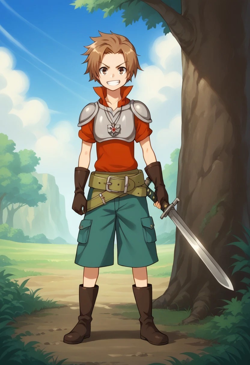 score_9, score_8_up, score_7_up, source_anime, highly detailed, 

albafru, 1boy, solo, male focus, brown hair, gloves, weapon, brown eyes, sword, hold, holding sword, armor, shorts, belt, boots, jewelry, smile, smile, grin, determined,

outdoor, sky, trees,