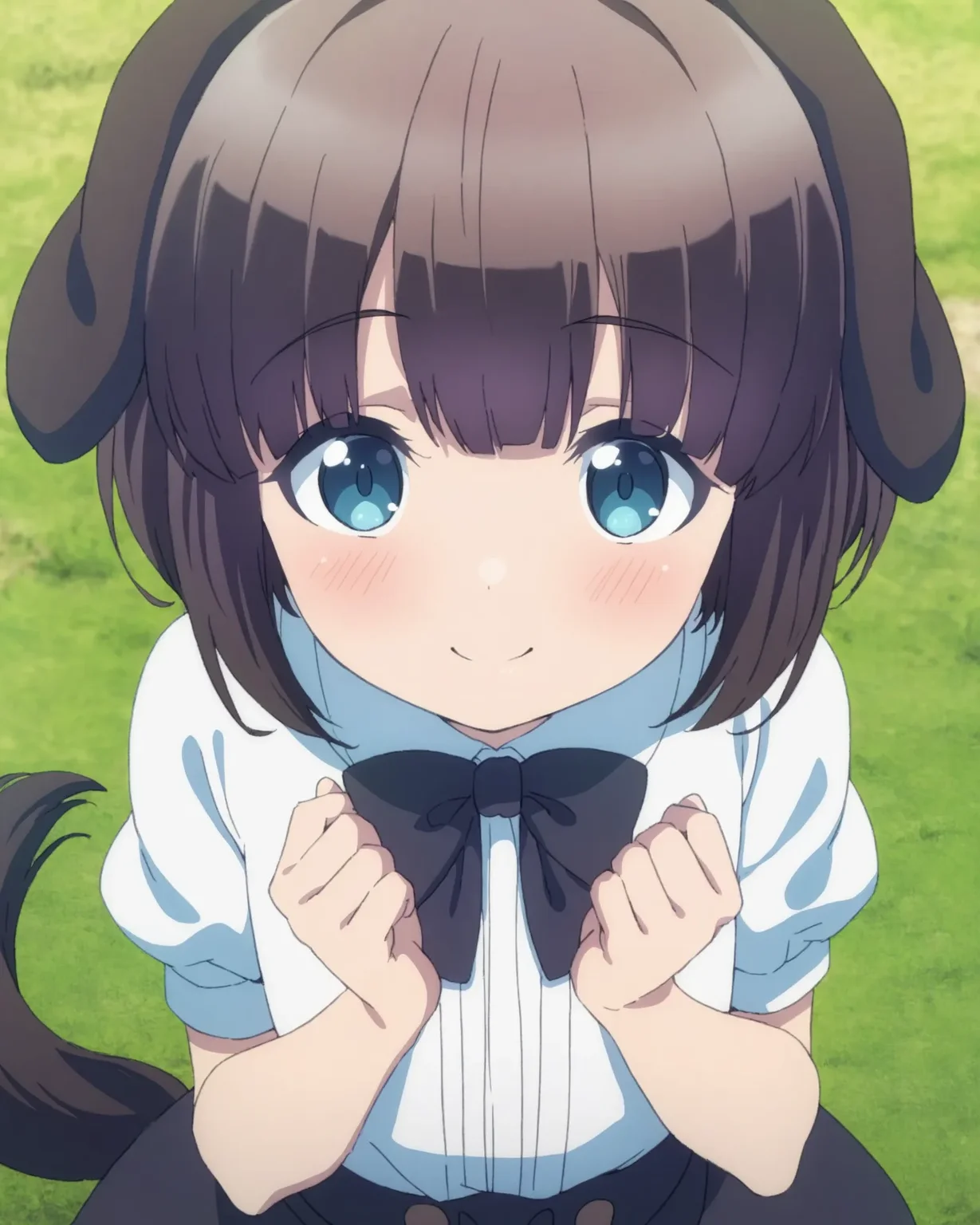 <lora:pochi_ill_v10:0.8> pochi, 1girl, solo, bow, smile, bowtie, black bow, white shirt, shirt, black bowtie, looking at viewer, short sleeves, puffy sleeves, blouse, grass, puffy short sleeves, upper body, outdoors, hands up, blush, closed mouth, from above