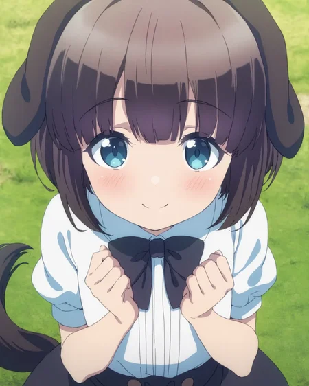 <lora:pochi_ill_v10:0.8> pochi, 1girl, solo, bow, smile, bowtie, black bow, white shirt, shirt, black bowtie, looking at viewer, short sleeves, puffy sleeves, blouse, grass, puffy short sleeves, upper body, outdoors, hands up, blush, closed mouth, from above