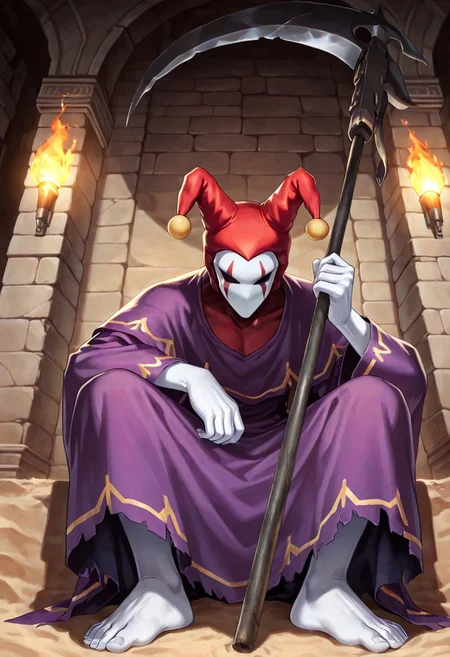 score_9,score_8,score_7,source_furry, (masterpiece, best quality, high quality:1.2), detailed hands,character focus, detailed skins, body blush, cinematic shadow, character focus, ultra detailed background, <solo:1.5>, <1boy:1.5>, (anime:3.5), (official:3.5), (dynamic sitting:1.8),
chariotsaga, 1boy, solo, male focus, upper body, from below,
jester, red headwear, looking at viewer, white skin, jester cap, pom pom (clothes), (faceless mask:1.2), facepaint, hat, robe, purple robe, torn robes, long sleeves, wide sleeves, barefoot, light gray color nails, holding, scythe, weapon, holding scythe, holding weapon,
ancient ruin background, indoor, dark orange stone wide rooms, torch wall, darkness, sand, desert,