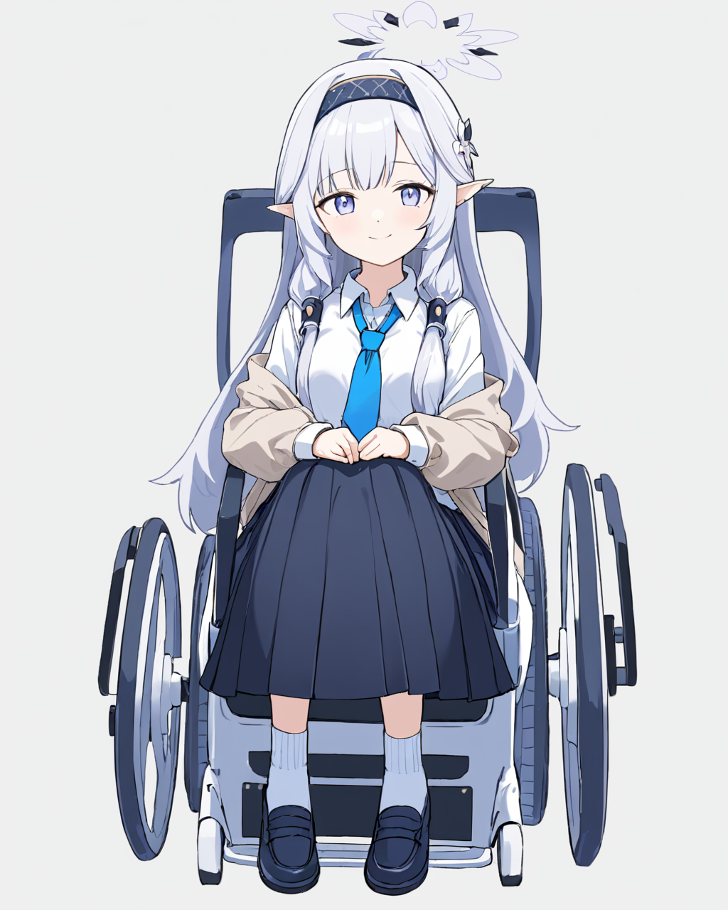 himari \(blue archive\),1girl, halo, wheelchair, solo, hairband, sitting, school_uniform, blue_necktie, white_background, black_skirt, pleated_skirt, looking_at_viewer, v, full_body, shoes, smile, simple_background, long_sleeves, alternate_costume, socks, office_chair, white_shirt, mole_under_eye
<lora:himari_(blue_archive)_image1099_2023-11-27:1>halo. gorgeous,key visual, vibrant, studio anime,award-winning, professional, highly detailed,high budget, cinemascope