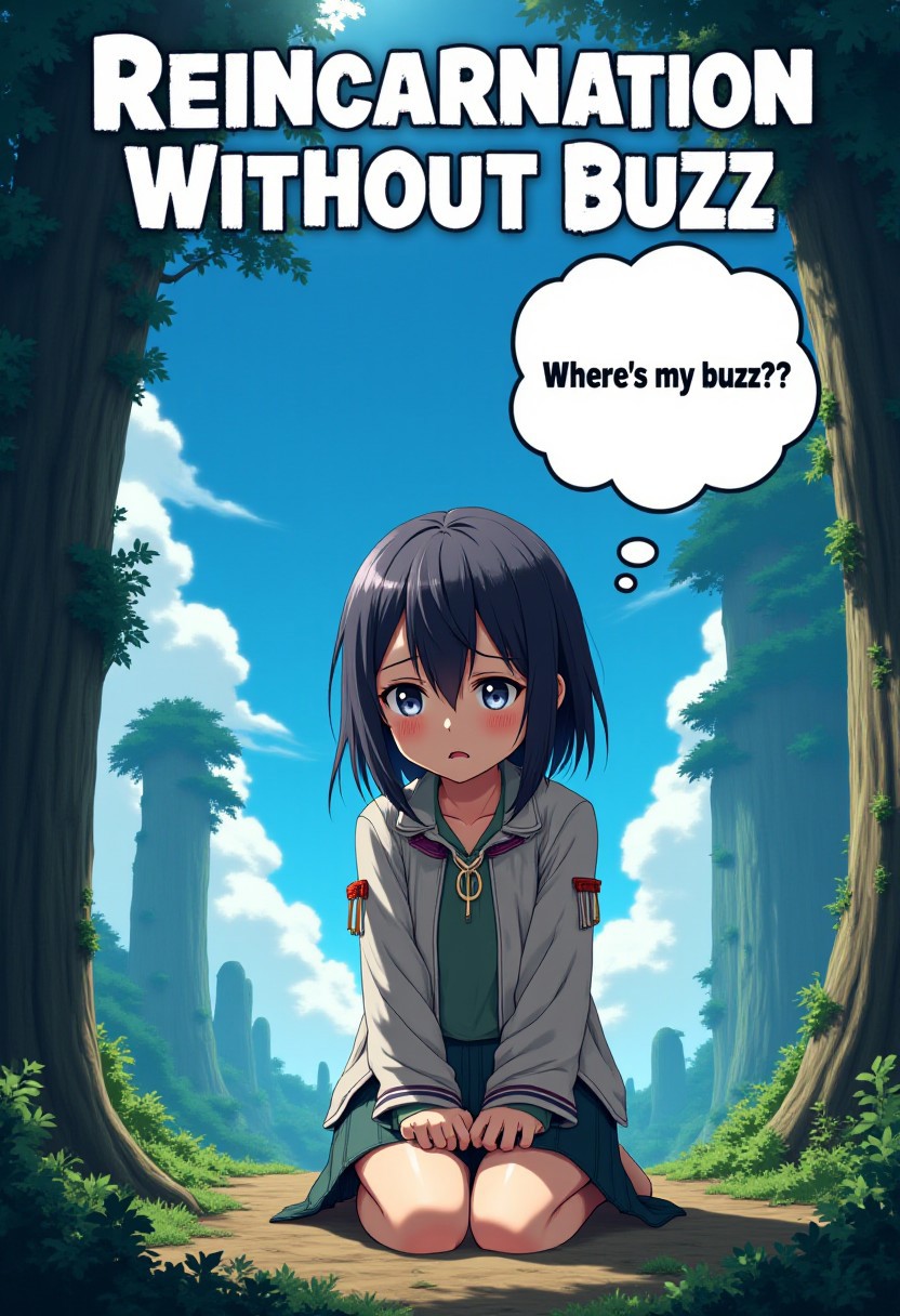 anime poster with big title "Reincarnation without buzz", fantasy world, sad confused girl on her knees, wearing rags, thought bubble that says "Where's my buzz?", aidmatextimprover,