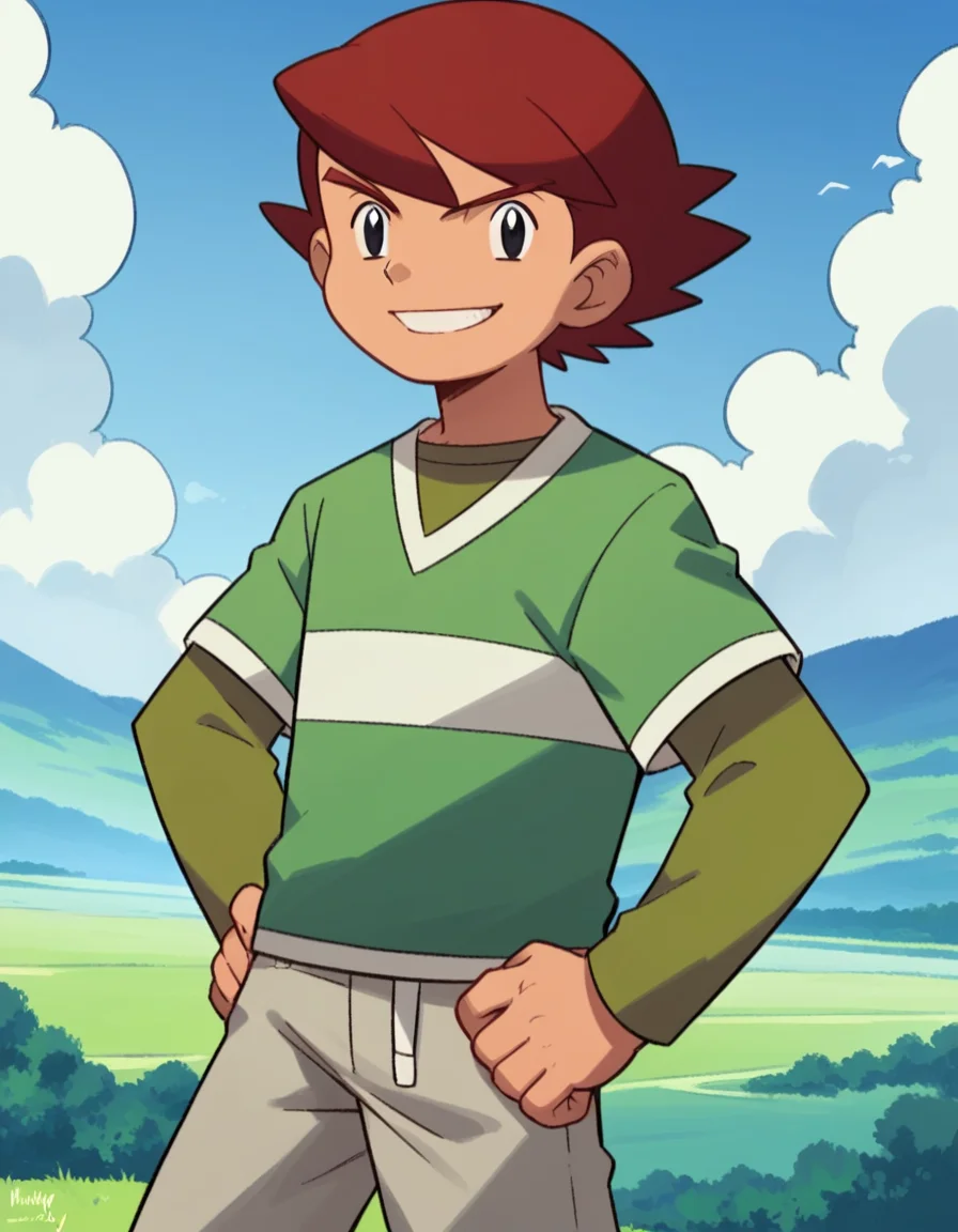 score_9, score_8_up, score_7_up, source_anime,
<lora:pokemon-kenny-anime-ponyxl-lora-nochekaiser:1>, kenny, short hair, bangs, red hair, male focus, black eyes,
shirt, long sleeves, short sleeves, pants, green shirt, grey pants,
landscape, hands on hips, smile,
looking at viewer, cowboy shot, dutch angle, solo,
