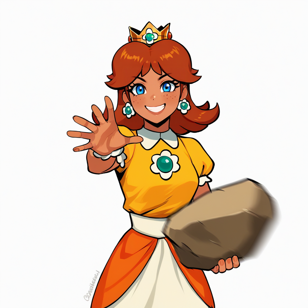 score_9, score_8_up, score_7_up, score_6_up, score_5_up, score_4_up, zPDXL2,source_anime,rating_questionable, 1girl, princess daisy, tanned skin, freckles, smile,  <lora:Woe_Plague_Be_Upon_Ye:0.8> w03, white background, cowboy shot, throwing rock at viewer