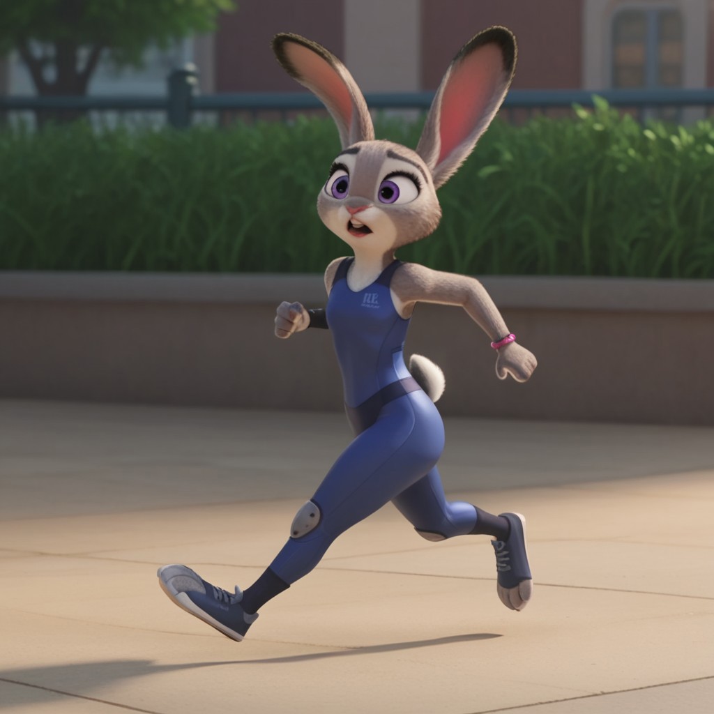 score_9, score_8_up, score_7_up, score_6_up, score_5_up, score_4_up, source_furry, hoppsJudyzt, anthro, female, bunny, grey fur, purple eyes, rabbit ears, rabbit tail, rabbit girl, buck teeth, running, in a park, bracelet, blue Workout Bodysuit