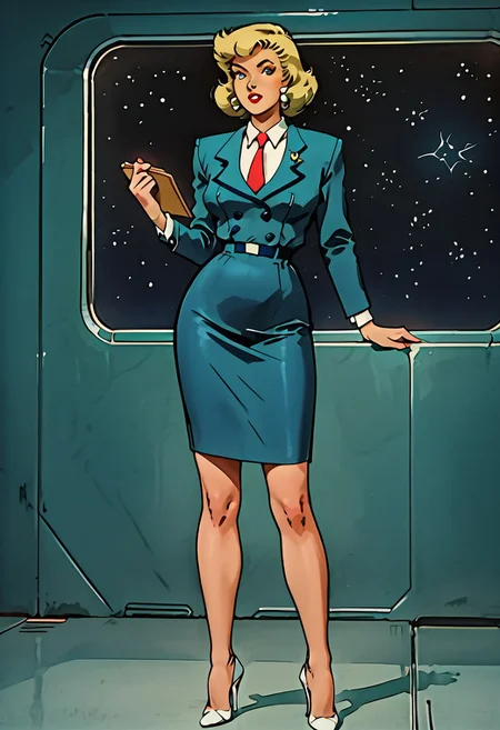 solo, looking at viewer, looking at me, spaceship interior, stars, cosmos, decarloxl, retro colors, 60s, 1girl, standing, G0083NP, blonde hair, short hair, lipstick, green eyes, earrings, red necktie, suit, blue jacket, closed jacket, pencil skirt, blue skirt, high heels, white footwear, holding clipboard