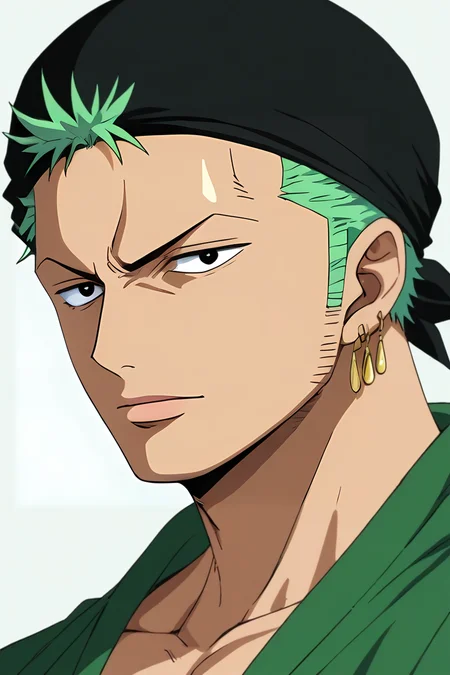 score_9, score_8_up, score_7_up, source_anime, , (realistic:0.6), , , , 1boy, solo, male focus, <lora:zoro_roronoa_pony:0.82>, zoro_roronoa, green hair, black eyes, short hair, bandana, earrings, , , , , , biopunk, , <lora:sdxl_lightning_8step_lora:1>