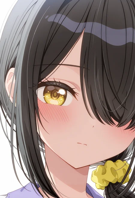<lora:KOTONO SHIUNJI_illustrious-000018:1>,
KOTONO SHIUNJI, solo, scrunchie, hair over one eye, hair scrunchie, looking at viewer, blush, hair ornament, close-up, closed mouth, portrait, long hair