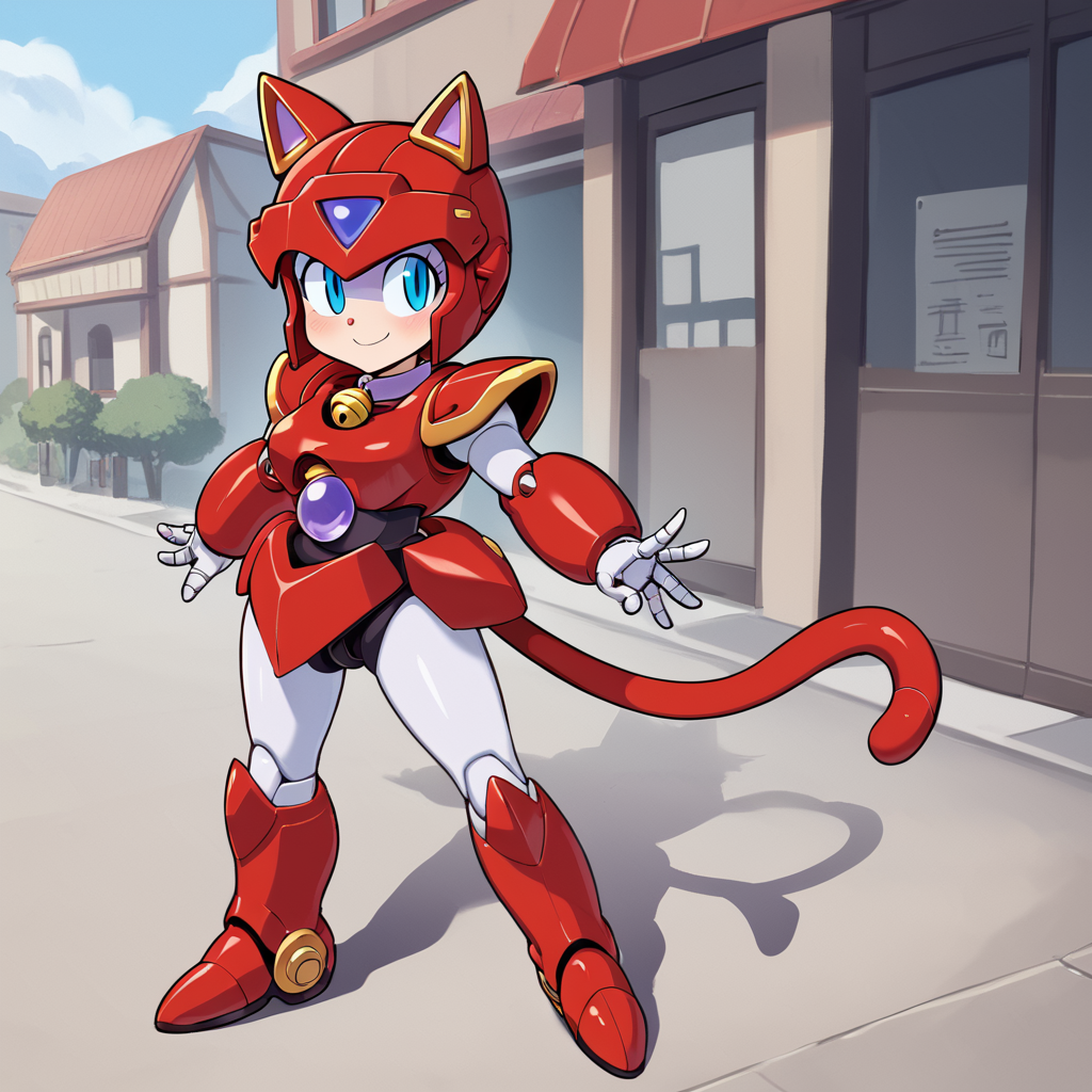 score_9, score_8_up, score_7_up, BREAK source_anime, rating_explicit, best quality, masterpiece, <lora:pururun_pony:1> pururun, 1girl,red helmet, cat tail, blue eyes, cat ears, robot, android,red armor,neck bell, deformed,standing on street,smile