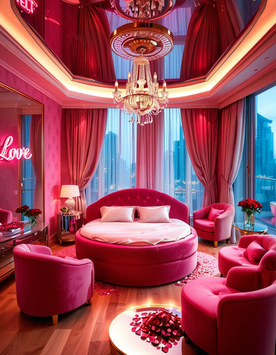 A luxurious, stylish love hotel room,love hotel r00m with a romantic and intimate atmosphere. The room features a large, round king-sized bed with silky red and black sheets, surrounded by soft, ambient lighting. Neon pink and purple LED lights illuminate the walls, creating a sensual glow. A plush velvet sofa sits near the bed, with a glass-topped coffee table holding champagne glasses and a chilled bottle of champagne. The ceiling has a large mirror, reflecting the entire room. On one side, thereâs a floor-to-ceiling window with sheer curtains, showing the night cityscape in the background. A modern jacuzzi tub with rose petals floating on the water is visible in the corner, surrounded by candles. The room has a sleek, modern design with a touch of opulence, including gold accents on the furniture and warm wooden floors. The lighting is dim and moody, emphasizing the romantic ambiance.
<lora:SDXLFaeTastic2400:0.4> <lora:extremely_detailed:0.4> extremely detailed, <lora:love_hotel_r00m:1>, Masterpiece,best quality,hi res,8k,hi res,8k,award winning,(sharp focus, intricate, highly detailed),