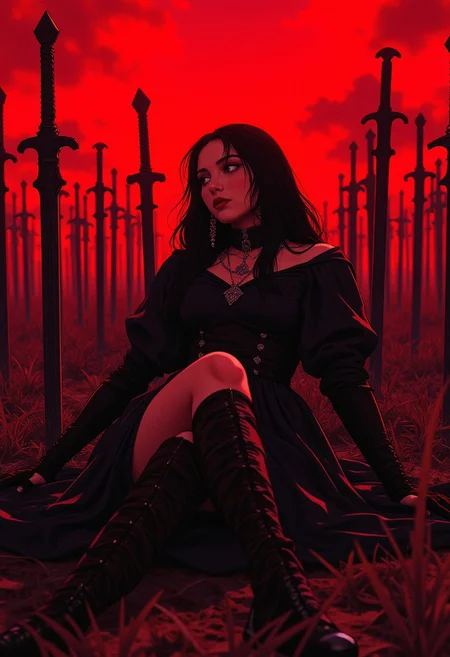 A gothic warrior with long black hair and a dark dress, reclining against a sea of swords planted in the ground. The red sky intensifies the dark mood, and her eyes are filled with a haunting calm. The swords glisten under the crimson light. (epic dark fantasy style).
ne0nfant4sy