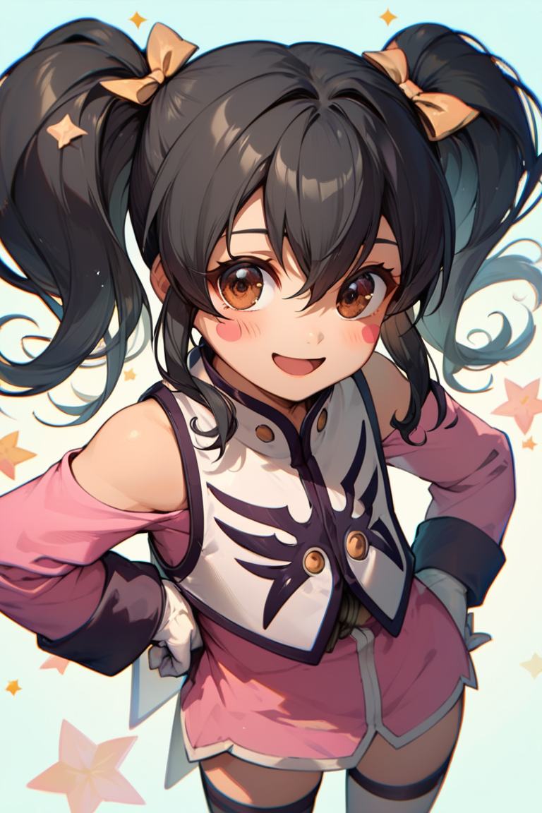 score_9, score_8_up, score_7_up, very aesthetic, source_anime, detailed, high quality, beautiful, masterpiece, detailed eyes,
<lora:lightXL:0.8>
simple background
<lora:action-sdxl-V0.5:1>zdyna_pose
upperbody, cowboy shot,  from above,
smile, blush, hand on hip, blush sticker, open mouth,
<lora:anise_autismConfetti_v05:0.99>flat chest, 
anise tatlin, 1girl, black hair, brown eyes, twintails, pink dress, white gloves, thighhighs, bare shoulders, shoes, hair bow, long sleeves, sidelocks, hair between eyes,, zPDXL