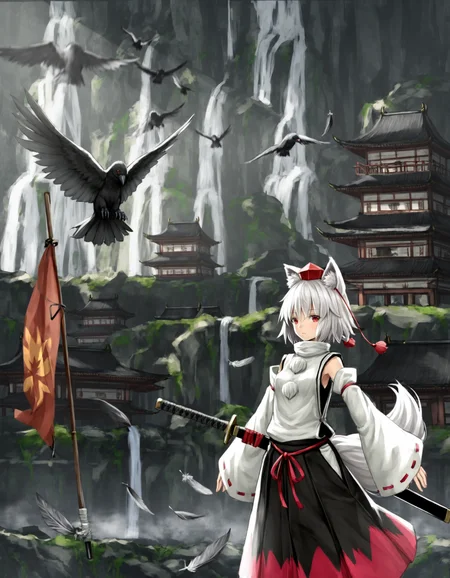 1girl, solo, looking at viewer, short hair, shirt, red eyes, hat, animal ears, standing, tail, white hair, weapon, outdoors, detached sleeves, sword, wide sleeves, red ribbon, bird, wolf ears, feathers, katana, building, red headwear, sheath, ribbon trim, pom pom \(clothes\), wolf tail, tokin hat, ribbon-trimmed sleeves, sheathed, wolf girl, architecture, east asian architecture, crow, waterfall, banner, inubashiri momiji, <lora:ryosios:1>