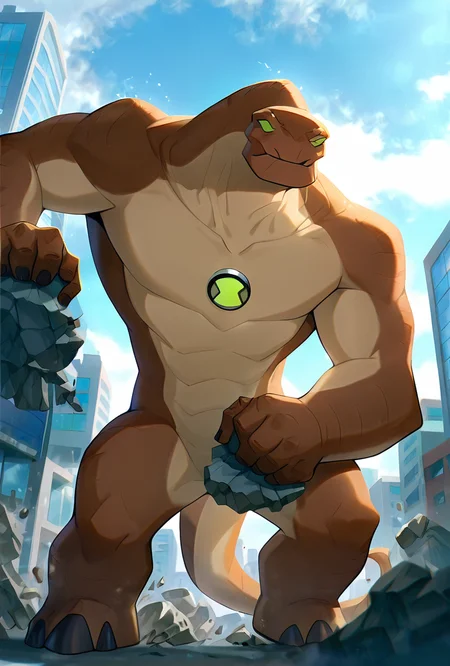 <lora:humungousaur-08:1> humungousaur, dinosaur, 1boy, male focus, solo, green eyes, no humans, brown skin, , green sclera, tail, no pupils, zoomed out view, <lora:WSSKX_WAI:1>, behind buildings, hiding behind buildings, giant sky scrapers, pushing buildings aside, giant, lifting rock, lifting object, lifting giant rock, masterpiece, best quality, amazing quality, very aesthetic, absurdres, newest,