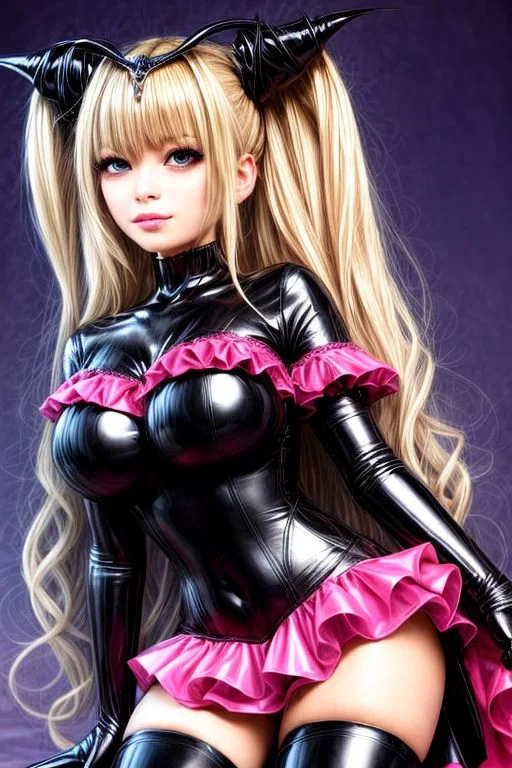 blonde evil corrupted young princess wearing dark pastel (ruffled:1) (gleaming latex:1) Bad_End_Precure gown with (long latex cape:1) and latex elbow bridal gauntlets, (Perfect Face:1), soft lighting, glossy red lips, ruffles,
<lora:more_details:1.5>