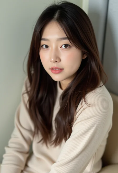 photo of a korean girl,(Masterpiece,Best Quality:1.4),8k,(Movie-like footage,move photo:1.2),Hi-Res,Glossy Skin,Super Detailed Skin,Detailed Beautiful Face,1girl, solo, long hair, looking at viewer, brown hair, long sleeves, dress, brown eyes, sweater, sleeves past wrists, blurry background, photo background,