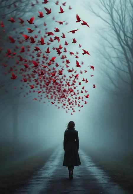 A stunning digital shot that embodies surrealism and evokes a melancholic tone. A woman in a black coat is depicted walking away from a flock of crimson birds on a misty path, exuding a sense of solitude and contemplation. The style is reminiscent of Zdzisław Beksiński and Edward Hopper, with moody atmospheric lighting, a muted color palette featuring dark greys and crimson, and smooth rendering of the woman and the birds. The blurred background adds depth and mystery, while the focus lies on the contrast between the solitary figure and the flock. The long shot perspective emphasizes the journey, and the subtle motion blur on the birds hints at their flight. The slightly desaturated colors and cinematic, conceptual art style make this piece a captivating visual experience., cinematic, conceptual art