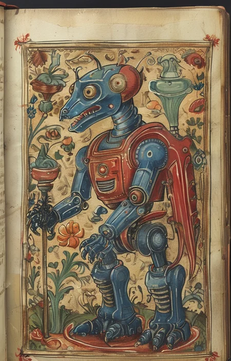 masterpiece,best quality,<lora:tbh207-sdxl:0.9>,illustration,style of Aberdeen Bestiary portrait of Housework robots