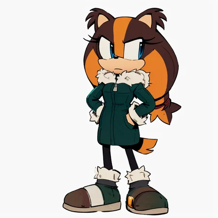 score_9, score_8_up, score_7_up, score_6_up, score_5_up, score_4_up, BREAK, <lora:sticksthebadger:1>, sticks the badger, 1girl, solo, long hair, simple background, brown hair, long sleeves, white background, animal ears, closed mouth, standing, jacket, tail, full body, boots, coat, looking to the side, black pantyhose, fur trim, brown footwear, furry, zipper, green jacket, hands in pockets, hair tie, winter clothes, animal nose, brown fur, green coat, parka, fur-trimmed footwear, body fur, furry female, orange fur, two-tone fur, blue eyes, <lora:TMoStH_v2-1:1> (tmosth), (flat color, black shading, sloppy coloring), hatching \(texture\)