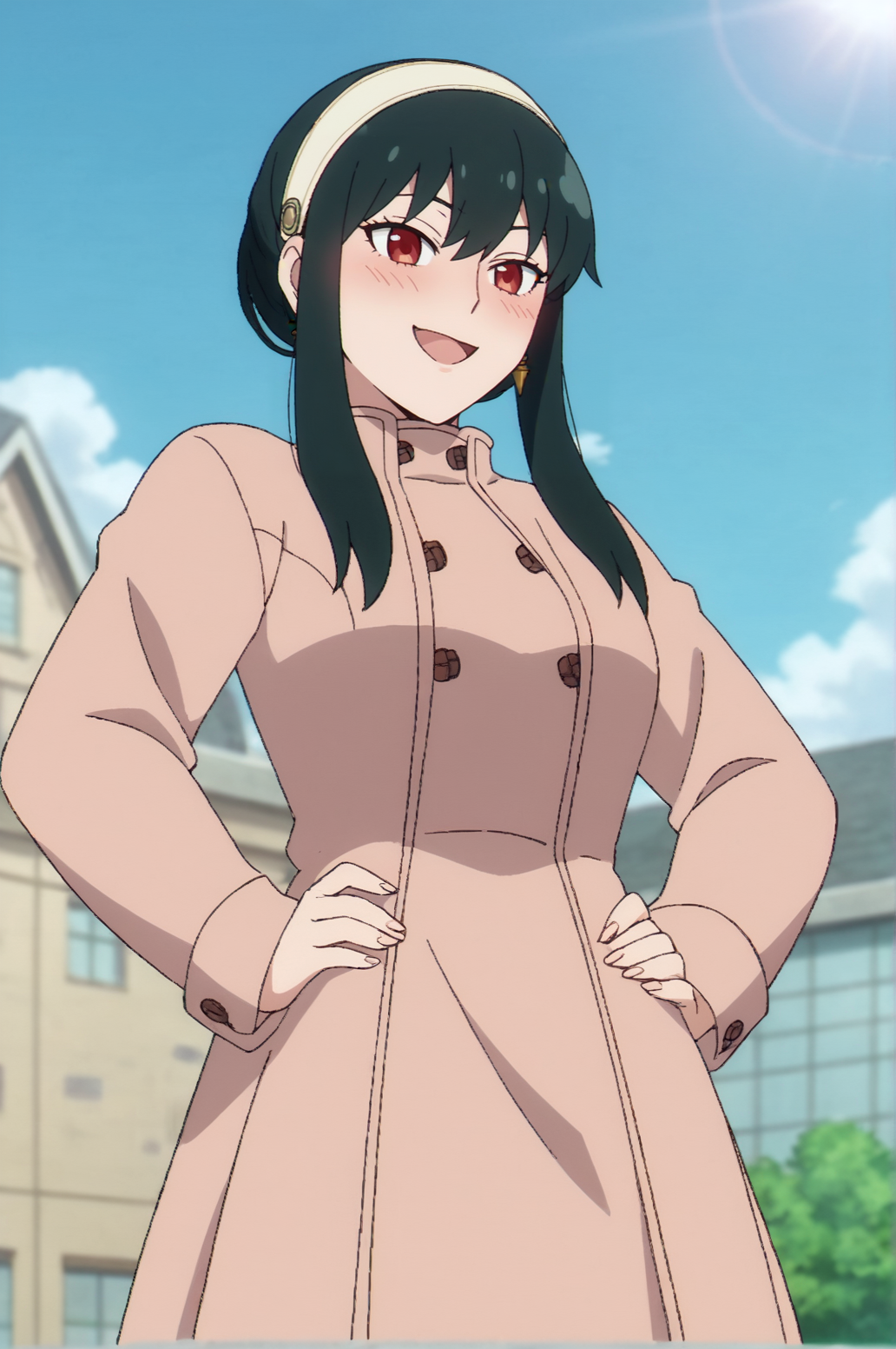 score_9, score_8_up, score_7_up,anime_source, source_anime, best background, detailed background, anime screencap,  Yor Forger, Long Coat, cowboy shot, blush, naughty face, outdoors, dynamic angle, dynamic camera, happy, from below, hands on hips,  <lora:JN_Yor_Forger:0.8>