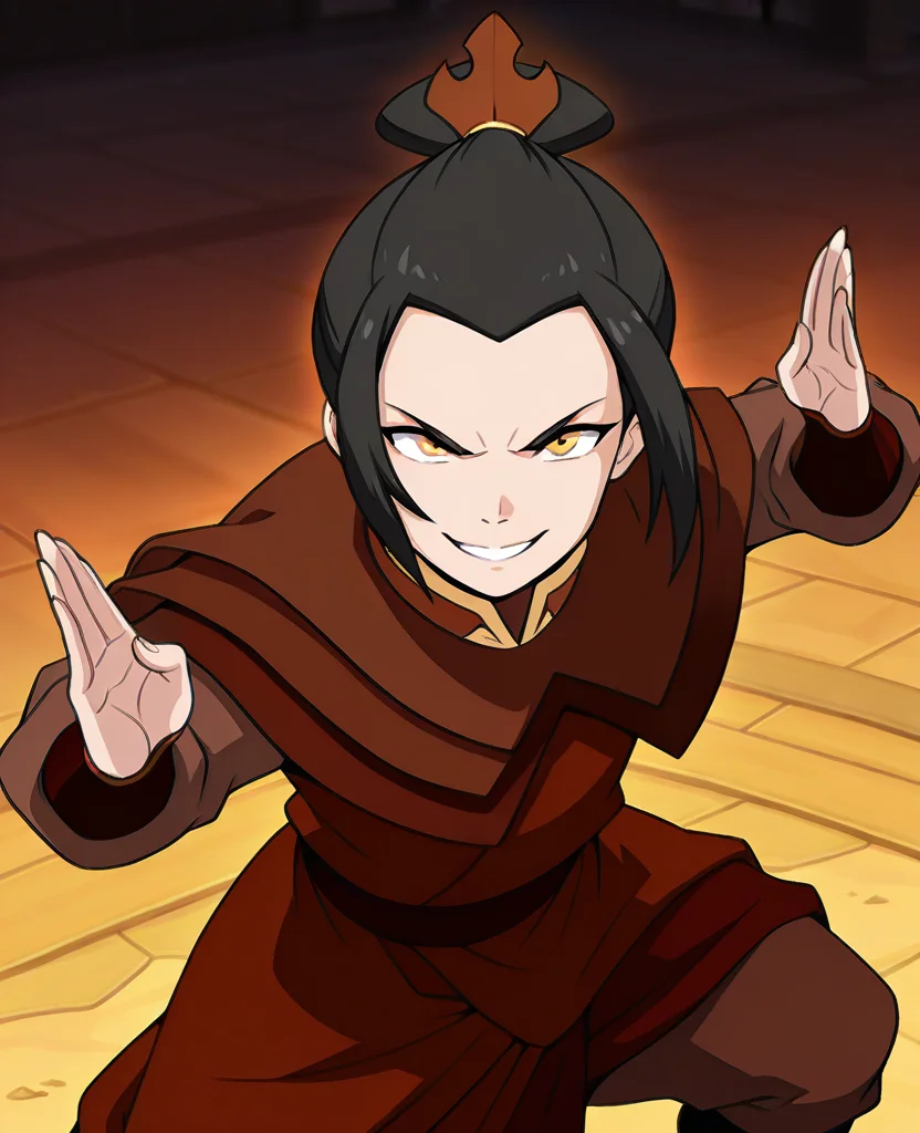 masterpiece, best quality, amazing quality, highres, absurdres, <lora:Azula_2_outfits_ILLUS-000009:0.9> , azula1, 1girl, black hair, long sleeves, azula \(avatar\), yellow eyes, boots, single hair bun, topknot, capelet, short hair, sidelocks, uniform, portrait, close up, looking at viewer, smile, standing, fighting stance,
