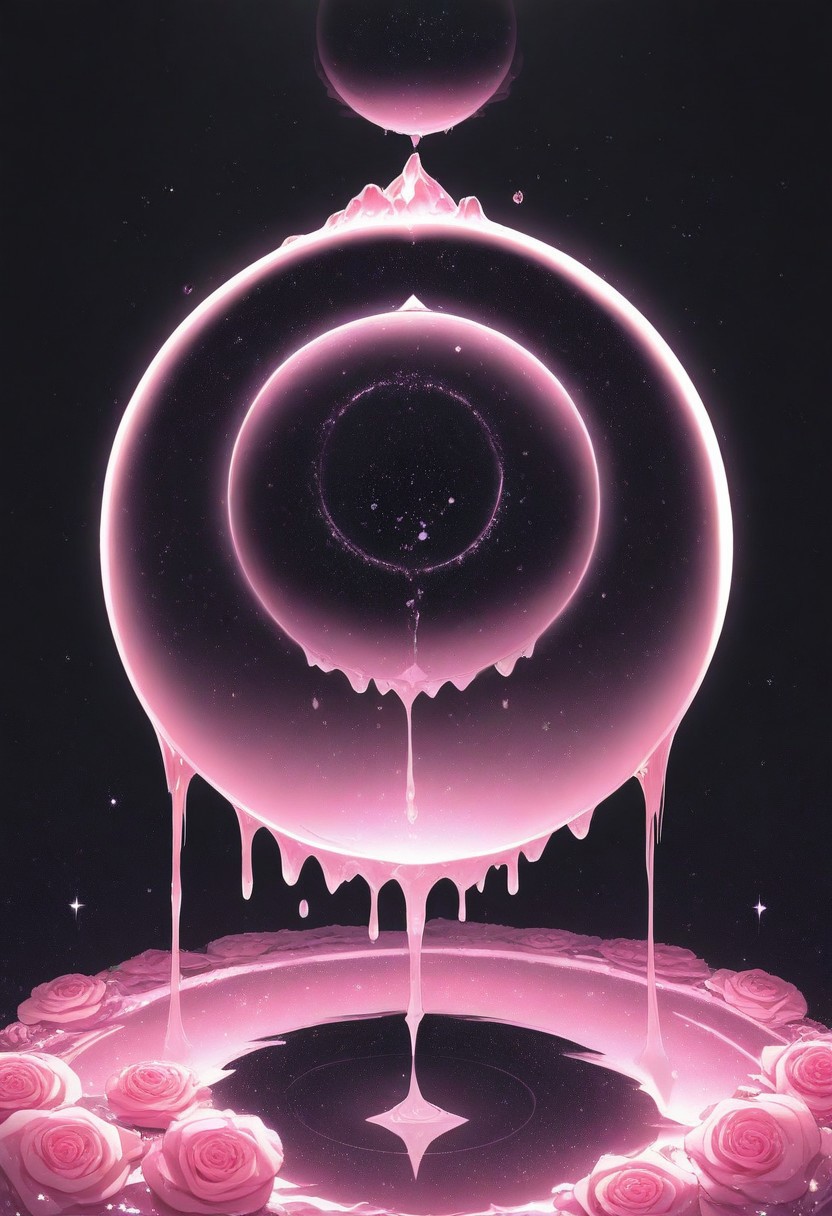 (masterpiece), best quality, Anime, Illustration, (Floating Sphere, Crystal, Magic, Reflection, Melting, Dripping, Pink Rose), Black Background, No Humans, Starry Theme, (Light Refraction), White and Pink Theme, Natural Lighting