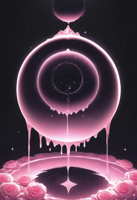 (masterpiece), best quality, Anime, Illustration, (Floating Sphere, Crystal, Magic, Reflection, Melting, Dripping, Pink Rose), Black Background, No Humans, Starry Theme, (Light Refraction), White and Pink Theme, Natural Lighting