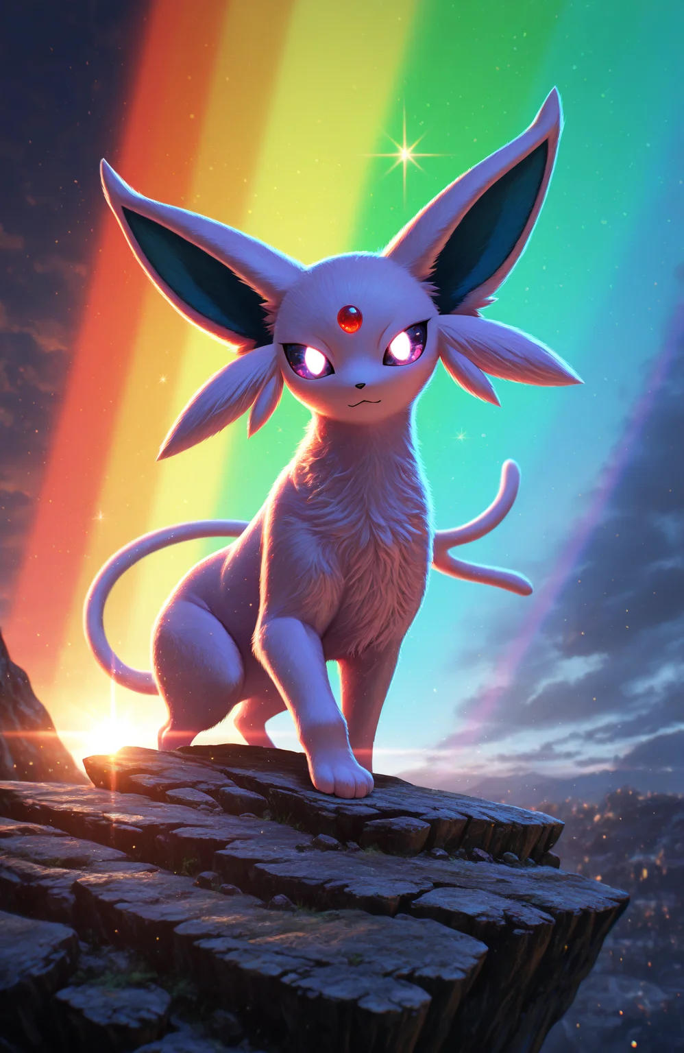 best quality, amazing quality, very aesthetic, high resolution, ultra-detailed, absurdres, newest, scenery, furry, feral, espeon, cute, fluffy, looking at viewer, sparkles, glowing eyes, dramatic lighting, dramatic pose, chromatic aberration, light beam, rainbow, <lora:BCkiwis_3D_Art_Style_ILNOOB:0.5>