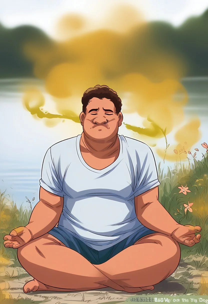 score_9, score_8_up, score_7_up, score_6_up, score_5_up, score_4_up, robot, 1boy, obese, nerdy, hud_m3dit4tion, indian style, sitting, on floor, facing viewer, barefoot, closed eyes, , outdoors, lake, day, flower, (fart, smell:1.3)