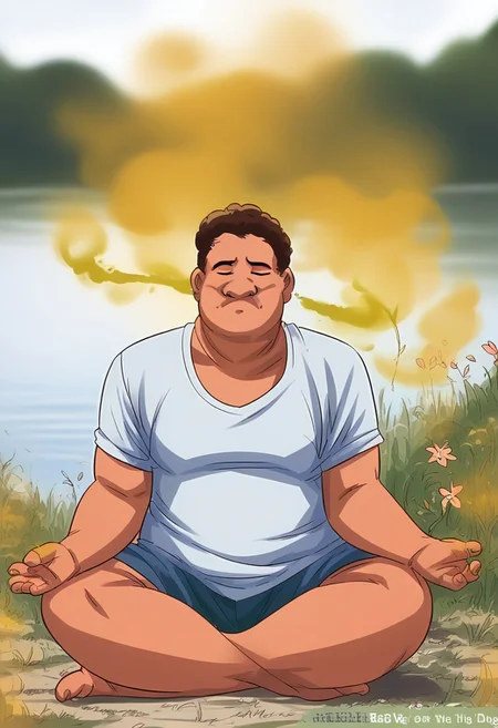 score_9, score_8_up, score_7_up, score_6_up, score_5_up, score_4_up, robot, 1boy, obese, nerdy, hud_m3dit4tion, indian style, sitting, on floor, facing viewer, barefoot, closed eyes, , outdoors, lake, day, flower, (fart, smell:1.3)