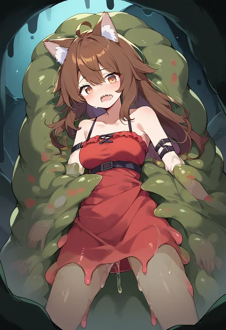 score_9,score_8_up,score_7_up,source_anime,zPDXL3,cave,
*//*,<lora:Like-Like_Concept:1>,likelike_monster,(no humans:1.2),spikes,slime (substance),tentacles,monster,solo,fang,saliva,
*//*,1girl,short stature,(twenties female:0.6),medium breasts,
(brown hair:1.2),(straight hair, long hair:1.3),lovely big eyes,wolf ears,wolf tail,bare shoulders,human hands,
red sleeveless,(red tank dress:1.2),clavicle,shoulder strap,white frills,
*//*,cowboy shot,dutch angle,dynamic pose,vore, tentacles, tentacle sex, restrained,