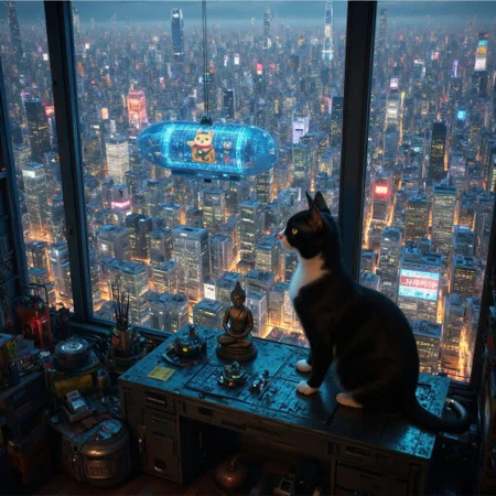close up of the face of black cat with a white neck and white feet as is sits on a cluttered metal riveted desk next to a small bronze buddha, the cat is looking out of a floor to ceiling window looking out over a futuristic cyberpunk Tokyo from a very high level, the skyline is with skyscrapers and futuristic airships covered with lights and advertisements in Japanese,  the cat is watching a huge airship has an advertisement with a maneki neko projected from a hologram,  half the image being the skyline.