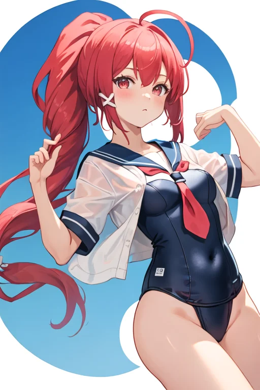 best quality, masterpiece, highres, solo, {i_168_kantaicollection:1.15}, long_hair, red_hair, ponytail, hair_ribbon, ribbon, red_eyes, swimsuit, serafuku, school_swimsuit, blush, one-piece_swimsuit, ahoge, 1girl, blue_sailor_collar, looking_at_viewer, sailor_collar, school_uniform, simple_background, swimsuit_under_clothes, twitter_username, white_background, blue_one-piece_swimsuit, neckerchief, one-hour_drawing_challenge, sailor_shirt, shirt, necktie