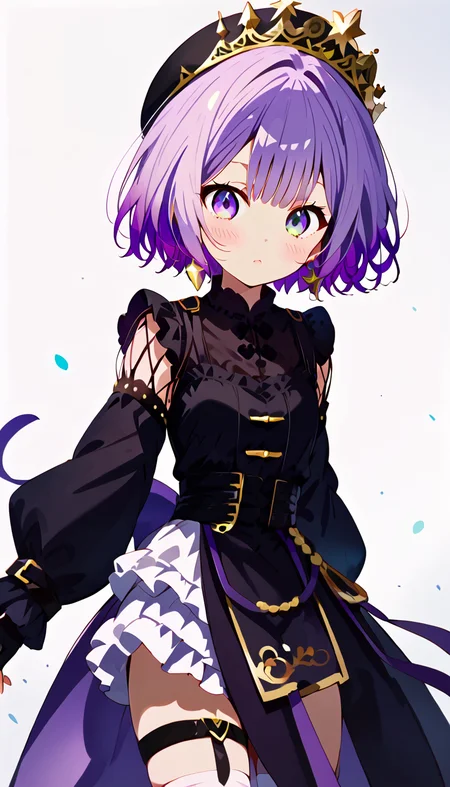 score_8_up,score_7_up,score_6_up,score_9,score_8_up,score_7,masterpiece,best quality,source_anime,blush,<lora:pony卿¼«ç»é£äºAmaiAnimePony:0.8>,<lora:Expressive_H:1>, <lora:Pony_Loné
±ç¬¬äºå¥:0.8>,1girl,short hair,purple eyes, purple hair,black dress,dress,long sleeves,bangs,black headwear,hat,heterochromia,white thighhighs,multicolored hair,thigh strap,detached sleeves,gloves,jewelry,black gloves,earrings,fingerless gloves,frills,puffy long sleeves,beret,black footwear,crown,gradient hair,((white background)), cowboy shot,