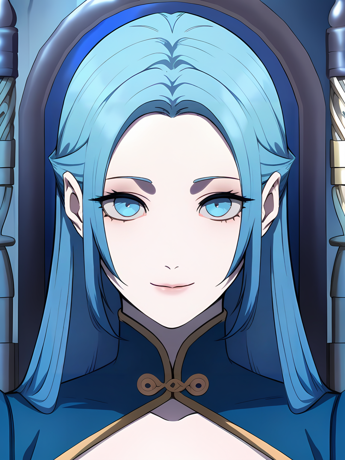 <lora:Alicia:0.8>, alicia, 1girl, solo, long blue hair, short sidelocks, blue eyes, pale skin, blue high collar, gold trim, neutral, smile, portrait, sitting on throne, looking at viewer, indoors