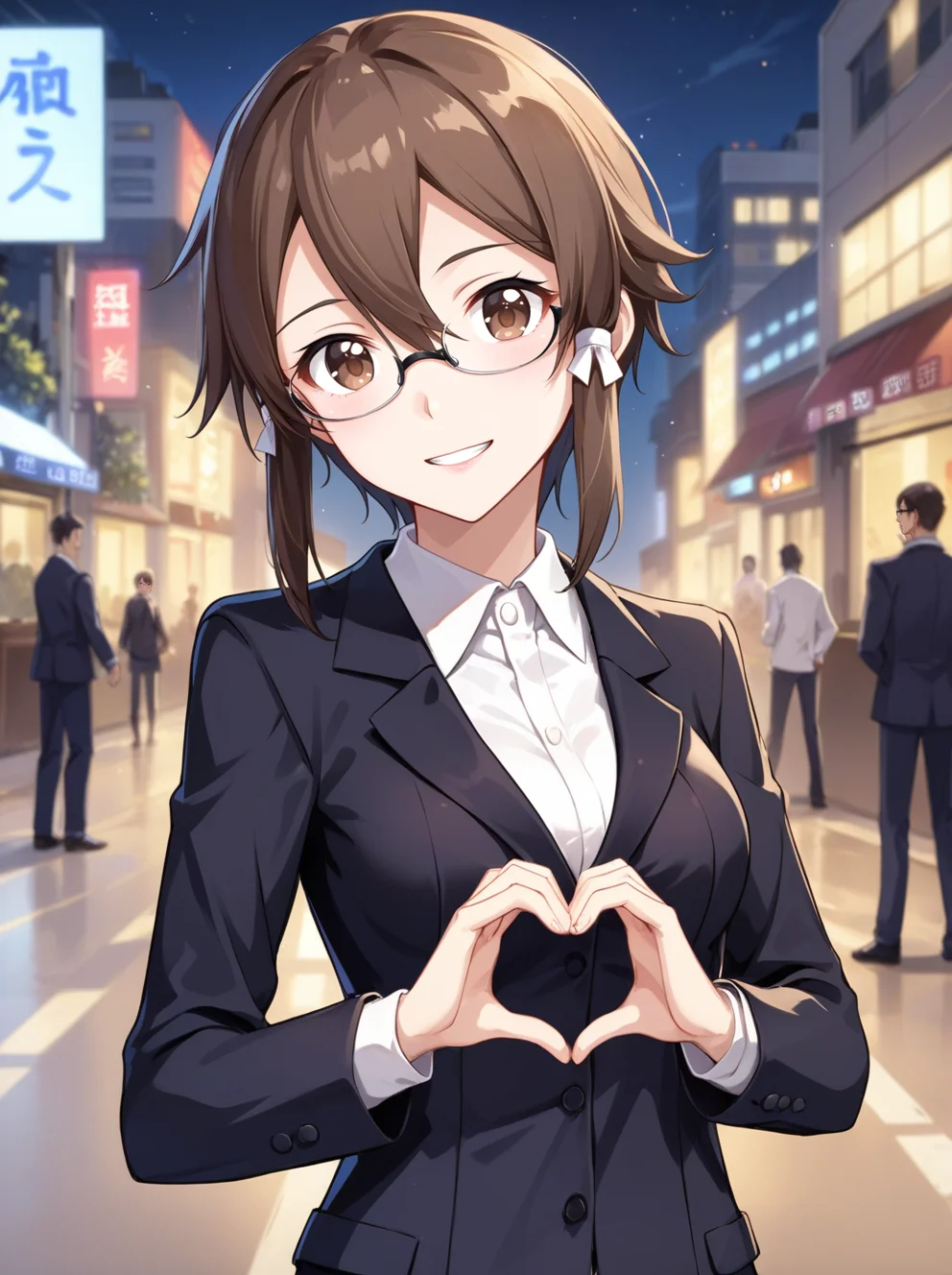score_9, score_8_up,score_7_up, source_anime, expressiveh <lora:Expressive_H:0.2> BREAK
1girl, standing, suit, heart hands, night, street, city,
asada shino, brown hair, hair between eyes, hair ornament, brown eyes, short hair, hair ribbon, glasses,
brown eyes,
medium breasts,smile,
<lora:asada shino v0.2-000018:0.8>,
