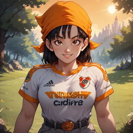 score_9, score_8, BREAK, solo, 1girl, (pan from dragon ball GT), high quality best quality, (high detail), adorable face, orange bandana, RiverPlate, striped shirt, striped, shirt, white shirt, short sleeves, clothes writing, sportswear, soccer uniform, grey jeans, grey fingerless gloves, adult woman, mature woman, breasts, sexy pose, self portrait, smile, outdoors, sunlight, shadows, evening lighting, natural lighting, forest, trees, grass, orange sky, sunset