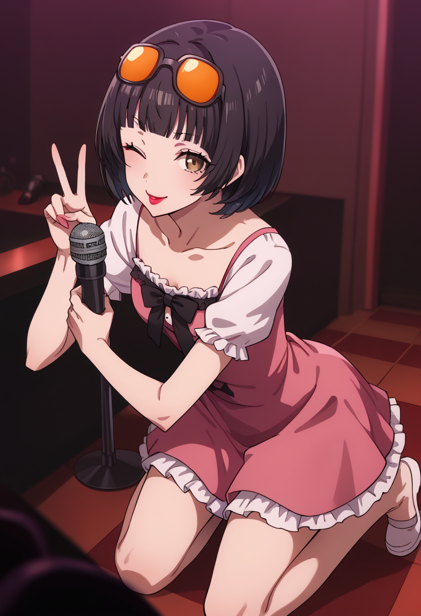 score_9, score_8_up, source_anime,
1 girl, solo, cute face,
p5ohya, black hair, bob cut, blunt bangs, lipstick, brown eyes, sunglasses, eyewear on head,
idol outfit, cute frilly idol outfit, frilled dress, pink dress, ribbons,
idol stage, microphone, wink, full body, v