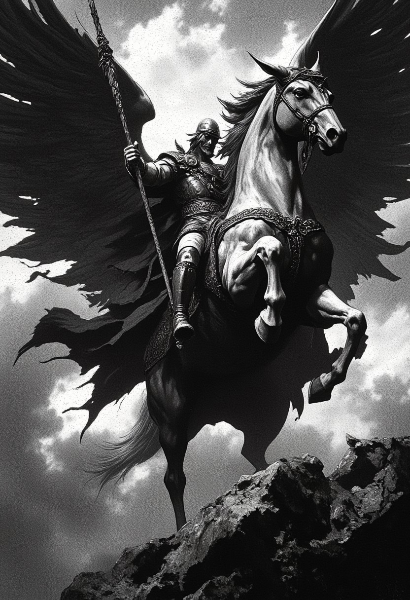 The image depicts a dramatic black-and-white scene of a powerful statue of a winged horse, possibly Pegasus, being ridden by a warrior holding a spear. The statue is highly detailed, with the warrior wearing a helmet and a flowing cape. The horse's wings are spread wide as if in flight, and the warrior appears poised for battle. The background consists of dark, swirling clouds, enhancing the epic and mythical feel of the scene.