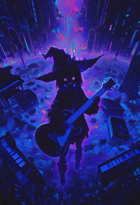 surreal , high contrast , colorful , concept , abstract , abnormal ,absurd , rock & roll theme , witch hat , @.@ , sharp teeth , glitches , guitar , power slide , dynamic angle , dynamic view , energetic , lively , Piano Sonata No. 8 in C minor, Opus 13 ("Pathétique"), 3rd Movement, Rondo: Allegro ,
masterpiece, best quality ,amazing quality ,15546+456868, usnr , xxx667_illu ,