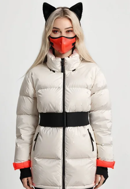 ((((padded down coat)))), ((((padded puffer coat)))), ((((padded winter clothes)))), ((((very cold)))), ((((puffer hood up)))), ((((full body)))), beautiful, masterpiece, 1girl, mature female, (((white long hair))), (((red eyes))), cat ears, large breasts, gloves, chest harness, (((half face mask))), army, Red digital camouflage, steam, cyberpunk, city, neon lights, pressure squeezing cuffs, pressure squeezing collar, (Thick padded cuffs:1.4), (Thick padded collar:1.4), <lora:Collar-SDXL:0.75>, <lora:Cuffs-SDXL:0.75>, <lora:fashion_lora:0.6>