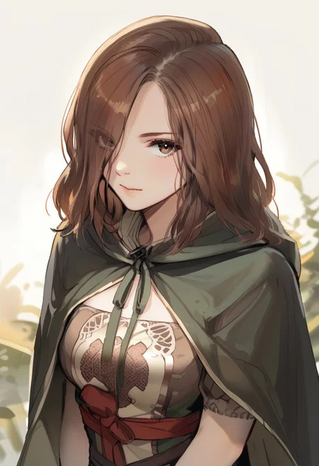 score_9, score_8_up, score_7_up,   EmeraldHeraldXl11, Brown hair, brown eyes, hair over one eye, hooded cape, close up