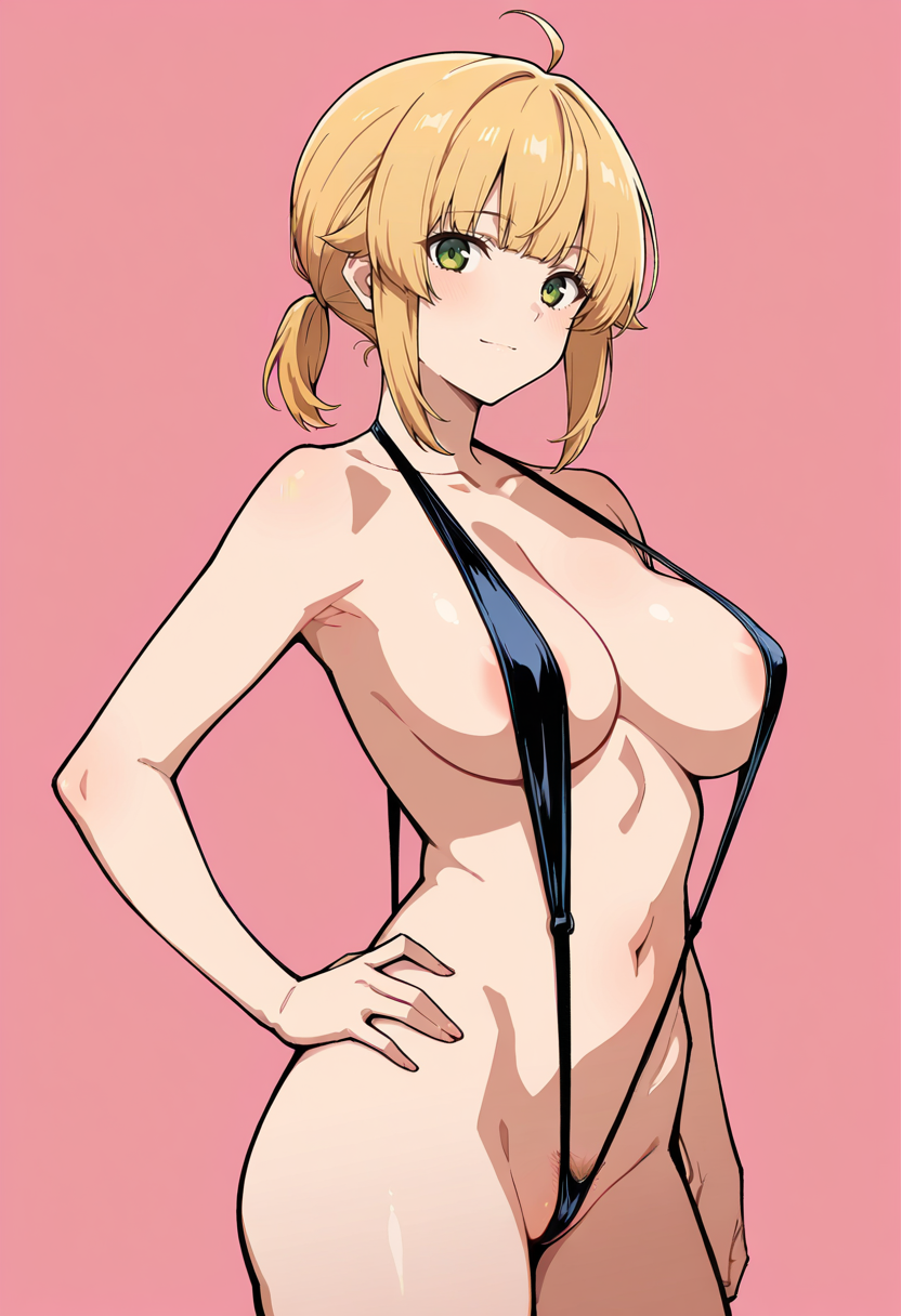 masterpiece, best quality,
1girl, solo, cowboy shot,
standing, hand on own hip,
looking at viewer, light smile,
<lora:Norn_Greyrat:1> N0rnGr31r4t, blonde hair, ahoge, sidelocks, bangs, short hair, ponytail, green eyes, 
simple background, pink background,           slingshot swimsuit, areola slip, pubic hair peek,
