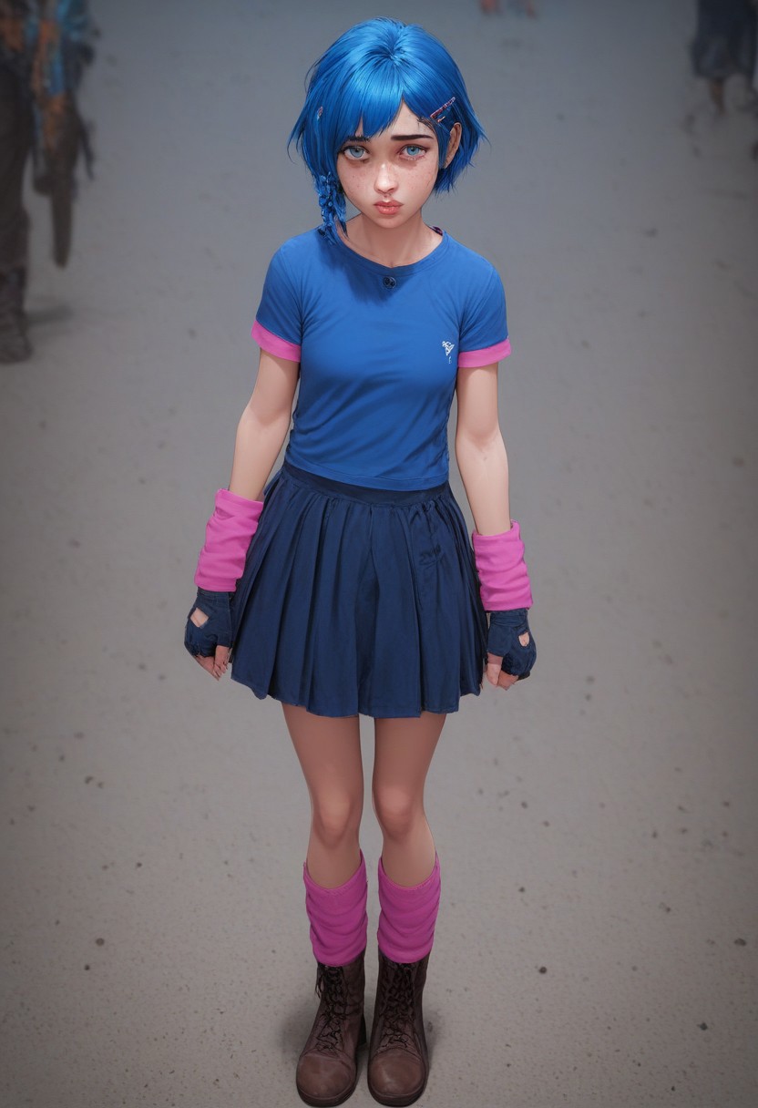 score_9, score_8_up, score_7_up, <lora:powderV02_> powder 1girl, hair clips, beautiful face, arcane, bangs, blue hair, blurry, braid, freckles, hair ornament, looking at viewer, parted lips, powder, shiny hair, short hair, short sleeves, solo , blue eyes, perfect lips,age difference,small breasts,petite,<lora:Realistic000003_1_2.5DAnime_0.05_Merge1:1> <lora:add-detail-xl:1> eyes blue,  zPDXL  zPDXLxxx,blue leg warmers, blue shirt, blue skirt, boots, brown boots, brown pants, elbow gloves, fingerless gloves, leg warmers, leggings, pants, pink leggings, pink sleeves, shirt,blue short pants, skirt, sleeves, striped sleeves, portrait, official style, arcane style
standing,full body , collecting mechanical parts
