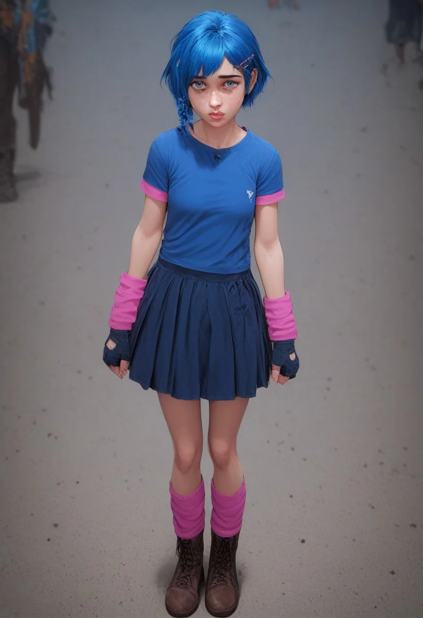 score_9, score_8_up, score_7_up, <lora:powderV02_> powder 1girl, hair clips, beautiful face, arcane, bangs, blue hair, blurry, braid, freckles, hair ornament, looking at viewer, parted lips, powder, shiny hair, short hair, short sleeves, solo , blue eyes, perfect lips,age difference,small breasts,petite,<lora:Realistic000003_1_2.5DAnime_0.05_Merge1:1> <lora:add-detail-xl:1> eyes blue, zPDXL zPDXLxxx,blue leg warmers, blue shirt, blue skirt, boots, brown boots, brown pants, elbow gloves, fingerless gloves, leg warmers, leggings, pants, pink leggings, pink sleeves, shirt,blue short pants, skirt, sleeves, striped sleeves, portrait, official style, arcane style
standing,full body , collecting mechanical parts
