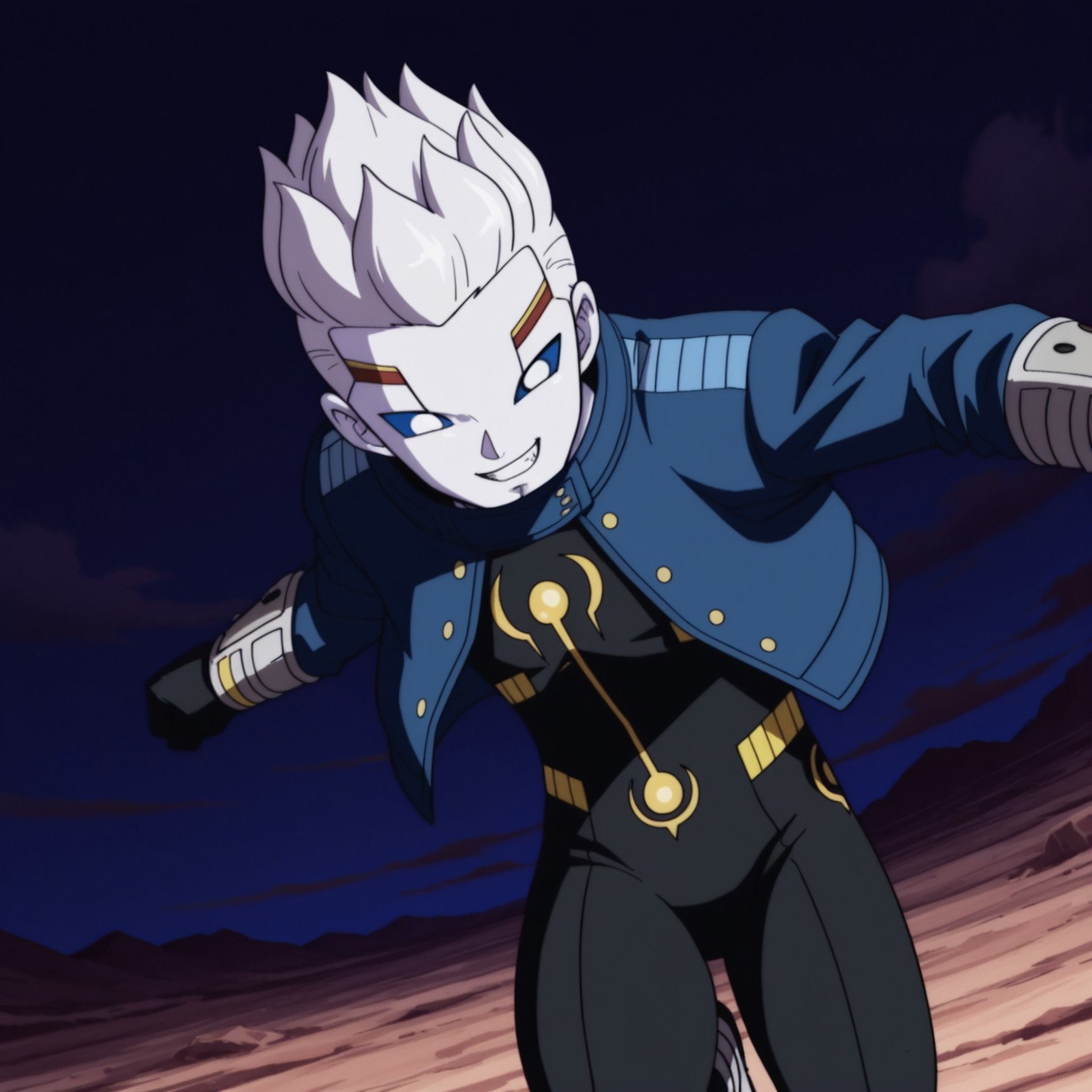 2d, 1boy, solo, Oren, male, humanoid, white spiky hair, white skin, white pupils, blue sclera, blue cropped jacket, black and yellow bodysuit, long sleeves, gray wristbands, gray legbands, yellow buttons

BREAK in the sky, speed lines, zooming towards viewer, evil grin, fists

BREAK best quality, amazing quality, very aesthetic, absurdres, newest, masterpiece 