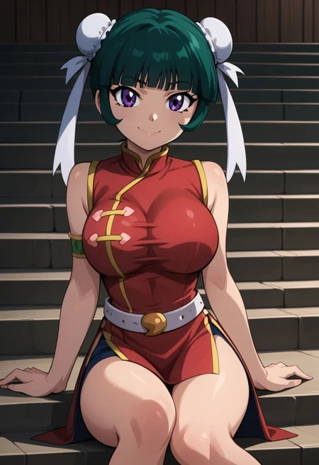 score_9_up, score_8_up, score_7_up BREAK,anime coloring, beyblade: metal fusion,mei-mei,1girl,white,belt,solo,double bun,hair bun ,dress,china dress,chinese clothes,breasts,smile,sitting,purple eyes,bun cover,belt,bangs,side slit,sleeveless,looking at viewer,large breasts,stairs,closed mouth,bare shoulders,short hair,sleeveless dress,blunt bangs,shiny,short dress,arm support,red dress,green hair
