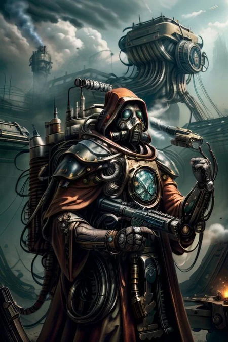 ((masterpiece,best quality)), absurdres, BREAK
mechanical arms, robes, hood, BREAK
((techpriest)), cyborg, mechanical face, mechanical limbs, gas mask, mechanical tentacles, (mechanical backpack), BREAK
1other, solo, holding pistol, firearm, handgun, pistol, gun, BREAK
factory background, smoggy sky, air pollution, smokestacks, BREAK
(TerrranAI)